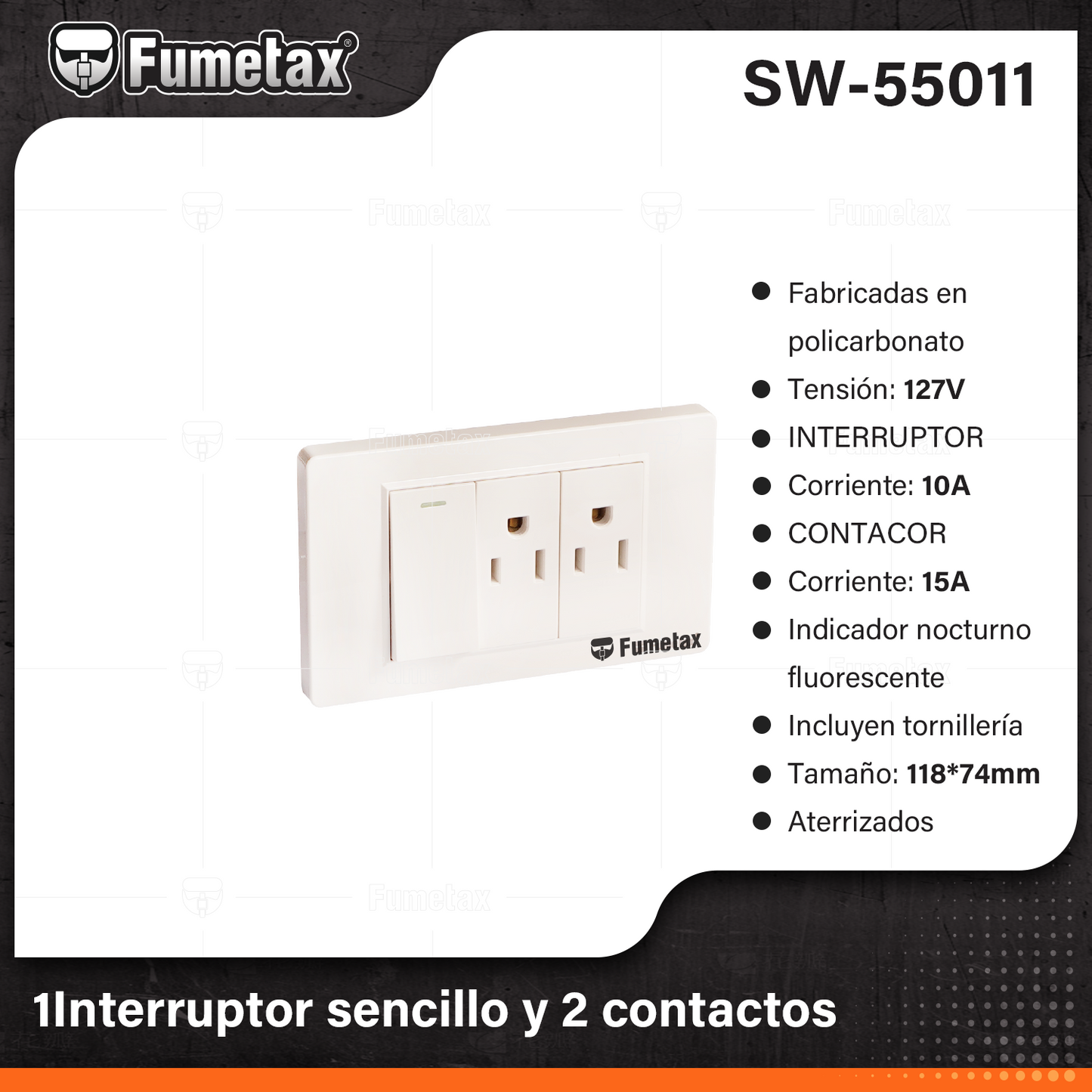 SW-55011-(Caja master 1 CTN=100 SKU)-(MOQ 10 SKU)-Placa armada 1 interruptor,2 contactos
Fabricadas en policarbonato