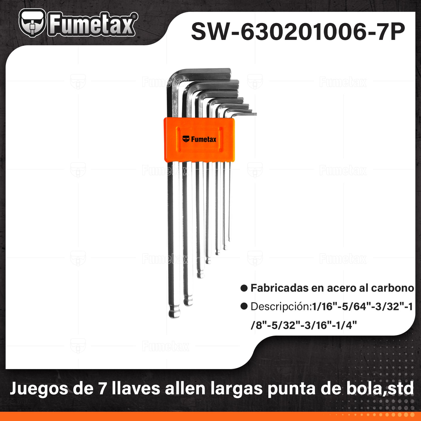 SW-630201006-7P-(Caja master 1 CTN=100 SKU)-(MOQ 25 SKU)-Juego de 7 llaves allen largas punta de bola,std
Fabricadas en acero al cromo vanadio más resistentes al desgaste que las de acero al carbono