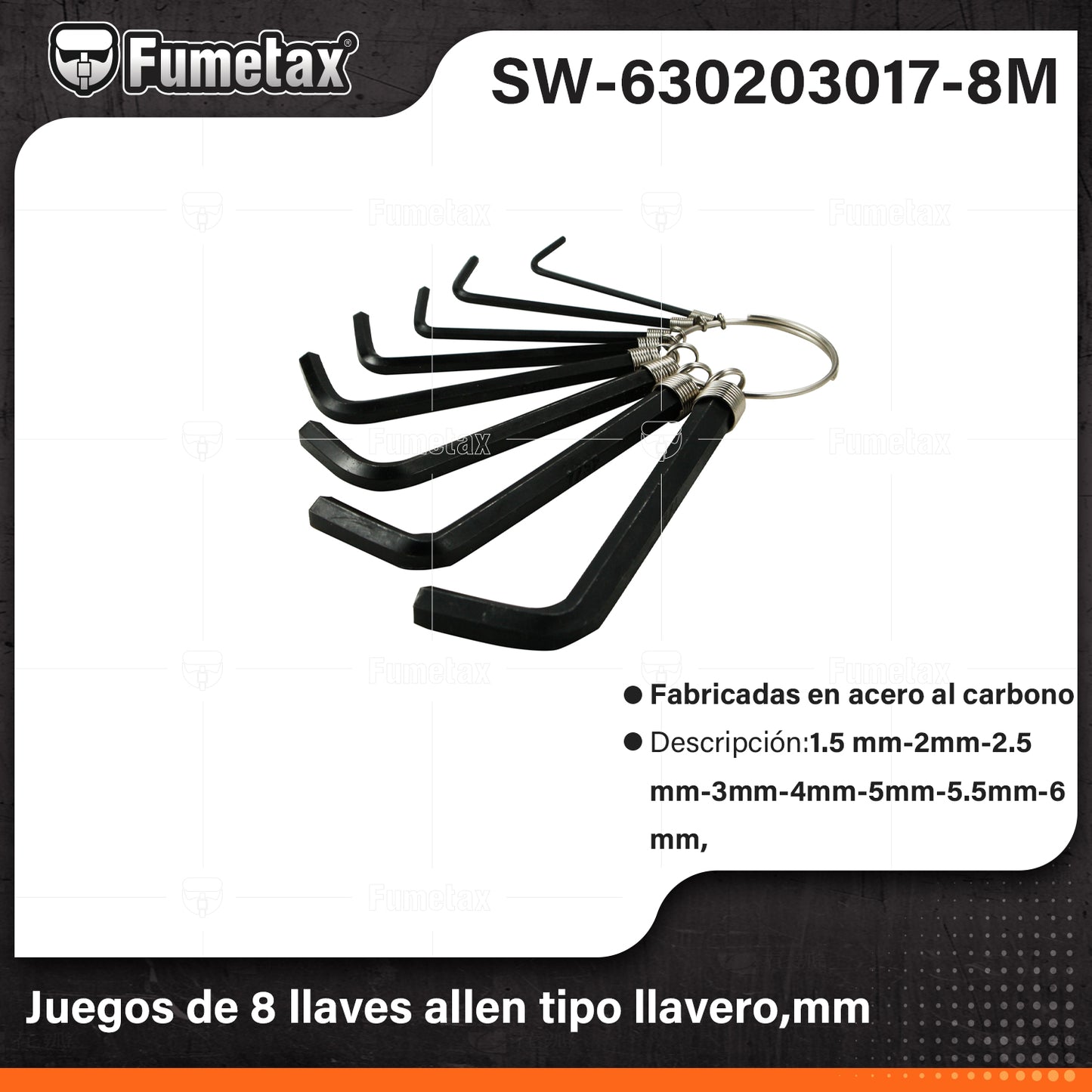 SW-630203017-8M-(Caja master 1 CTN=100 SKU)-(MOQ 25 SKU)-Juego de 8 llaves allen,mm
Fabricadas en acero al carbono