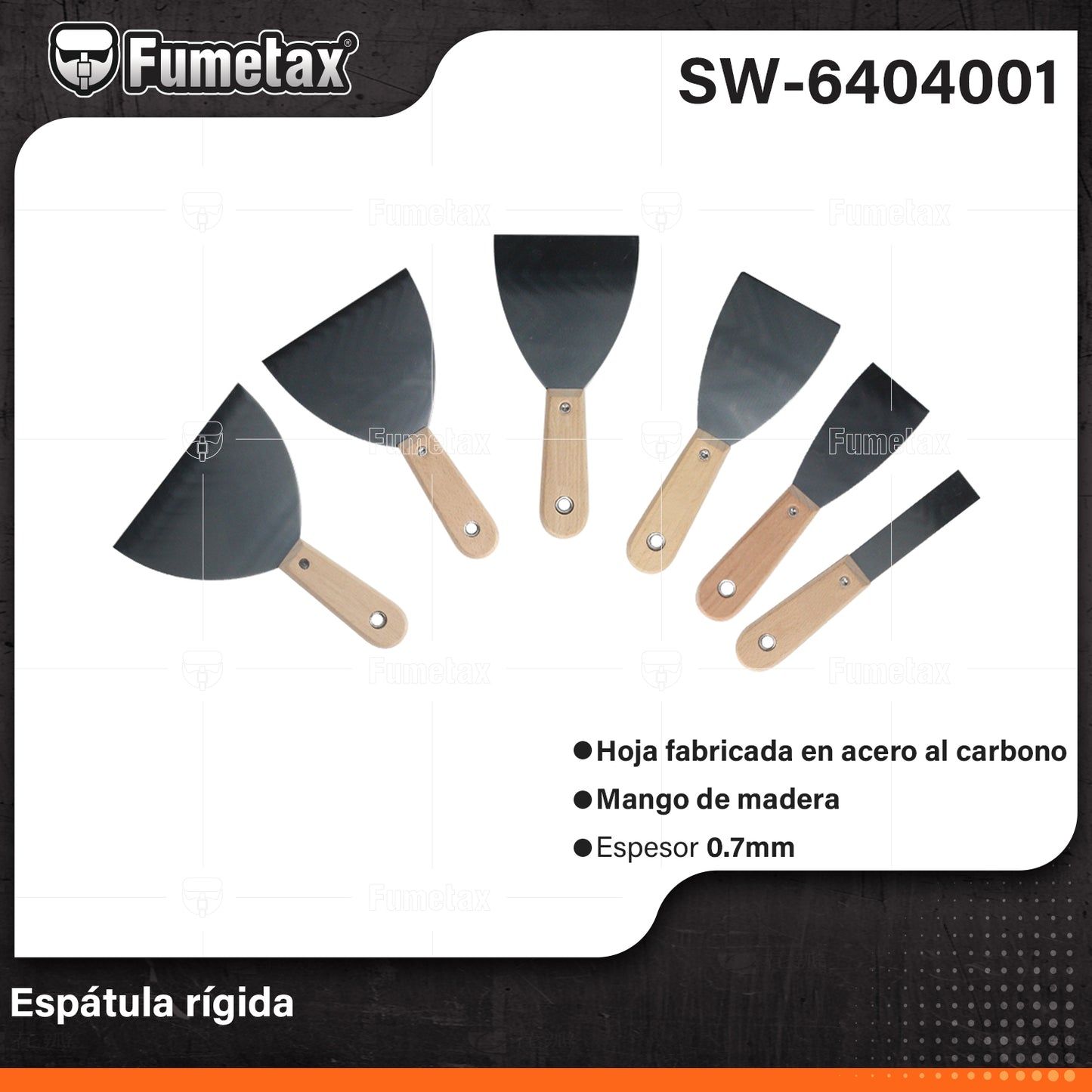 SW-6404001-(Caja master 1 CTN=240 SKU)-(MOQ 12 SKU)-Hoja de acero al alto carbono, templada para máxima flexibilidad sin deformarse
Mango ergonómico de madera
