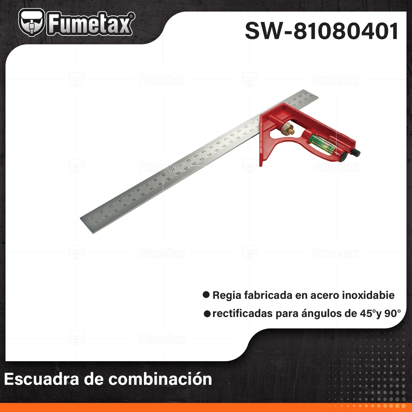 SW-81080401-(Caja master 1 CTN=60 SKU)-(MOQ 1 SKU)-Escuadra de combinación
Regla de acero inoxidable con graduación (sistema métrico y standard) estampada en bajo relieve con tinta negra para mejor visibilidad
