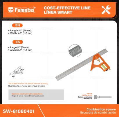 SW-81080401-(Caja master 1 CTN=60 SKU)-(MOQ 1 SKU)-Regla de acero inoxidable con graduación (sistema métrico y standard) estampada en bajo relieve con tinta negra para mejor visibilidad
Nivel de gota en manija para mayor precisión