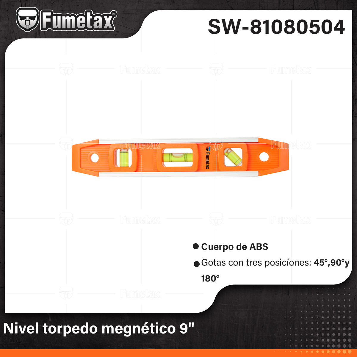 SW-81080504-(Caja master 1 CTN=100 SKU)-(MOQ 1 SKU)-Nivel torpedo magnético de 9" con cuerpo de ABS
Cuerpo magnético para facilitar el trabajo en superficies metálicas