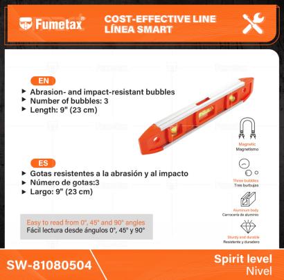 SW-81080504-(Caja master 1 CTN=100 SKU)-(MOQ 1 SKU)-Nivel torpedo magnético de 9" con cuerpo de ABS
Cuerpo magnético para facilitar el trabajo en superficies metálicas