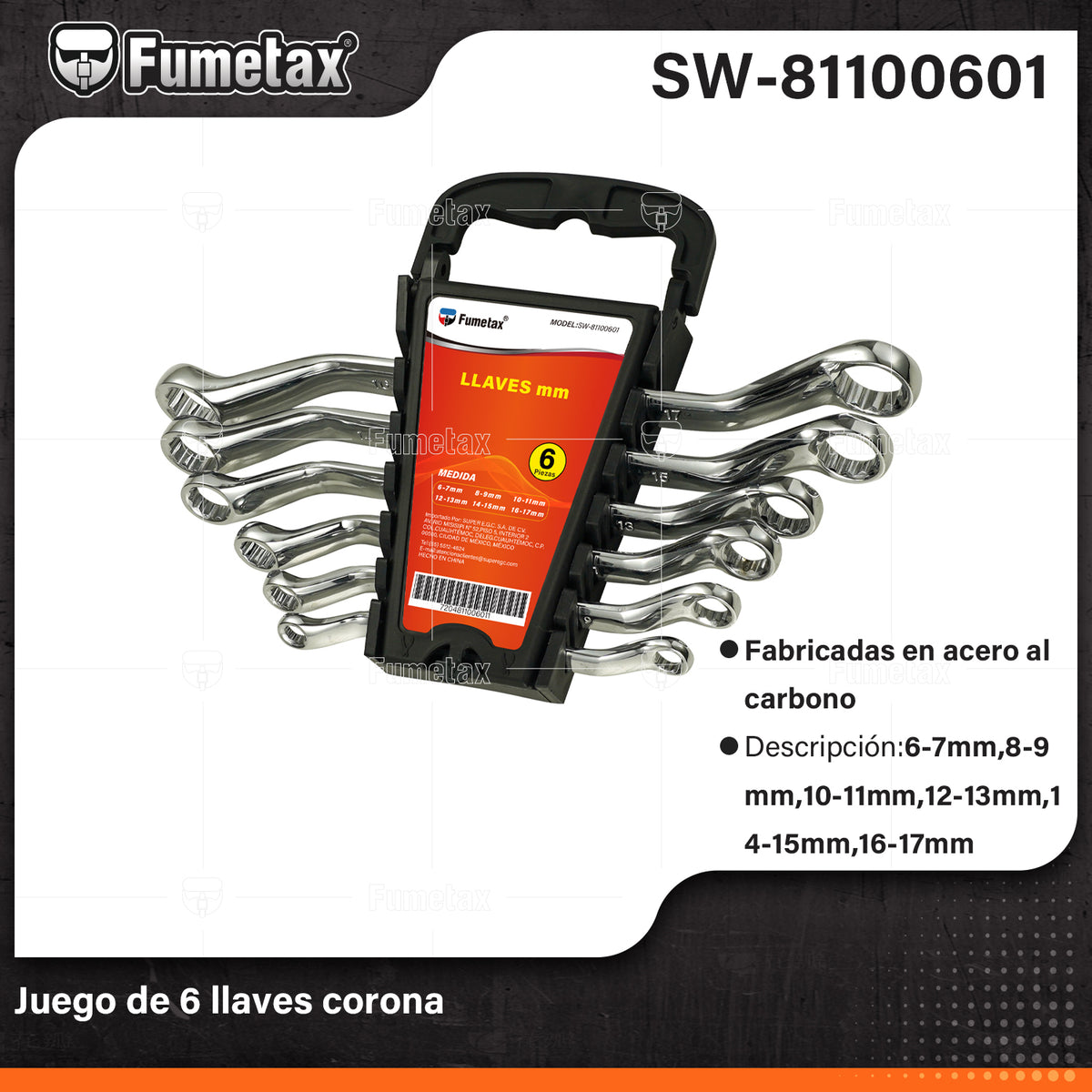 SW-81100601-(Caja master 1 CTN=24 SKU)-(MOQ 1 SKU)-Juego de 6 llaves conestrías anguladas
Fabricadas en acero al carbono