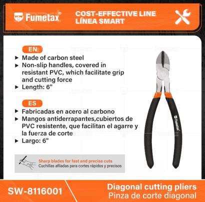 SW-8116001-(Caja master 1 CTN=60 SKU)-(MOQ 6 SKU)-Fabricadas en acero al carbono
Mangos antiderrapantes,cubiertos de PVC resistente, que facilitan el agarre y la fuerza de corte