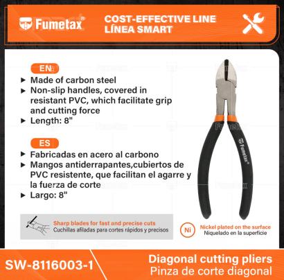 SW-8116003-1-(Caja master 1 CTN=48 SKU)-(MOQ 6 SKU)-Fabricadas en acero al carbono
Mangos antiderrapantes,cubiertos de PVC resistente, que facilitan el agarre y la fuerza de corte