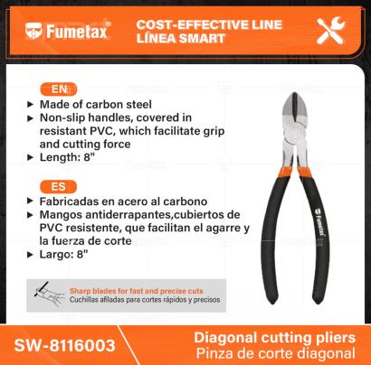 SW-8116003-(Caja master 1 CTN=48 SKU)-(MOQ 6 SKU)-Fabricadas en acero al carbono
Mangos antiderrapantes,cubiertos de PVC resistente, que facilitan el agarre y la fuerza de corte