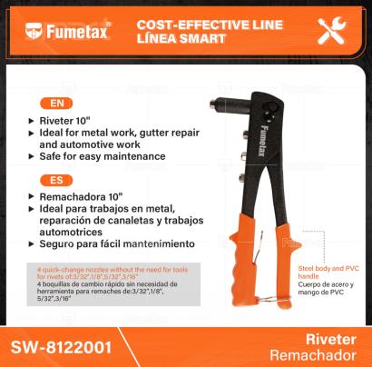 SW-8122001-(Caja master 1 CTN=24 SKU)-(MOQ 1 SKU)-Remachadora 10"
Cuerpo de acero y mango de PVC