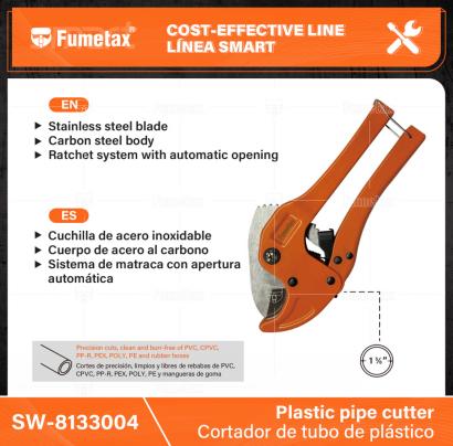 SW-8133004-(Caja master 1 CTN=48 SKU)-(MOQ 1 SKU)-Cortador de tubo de plástico,1 5/8”
Cuchilla de acero inoxidable