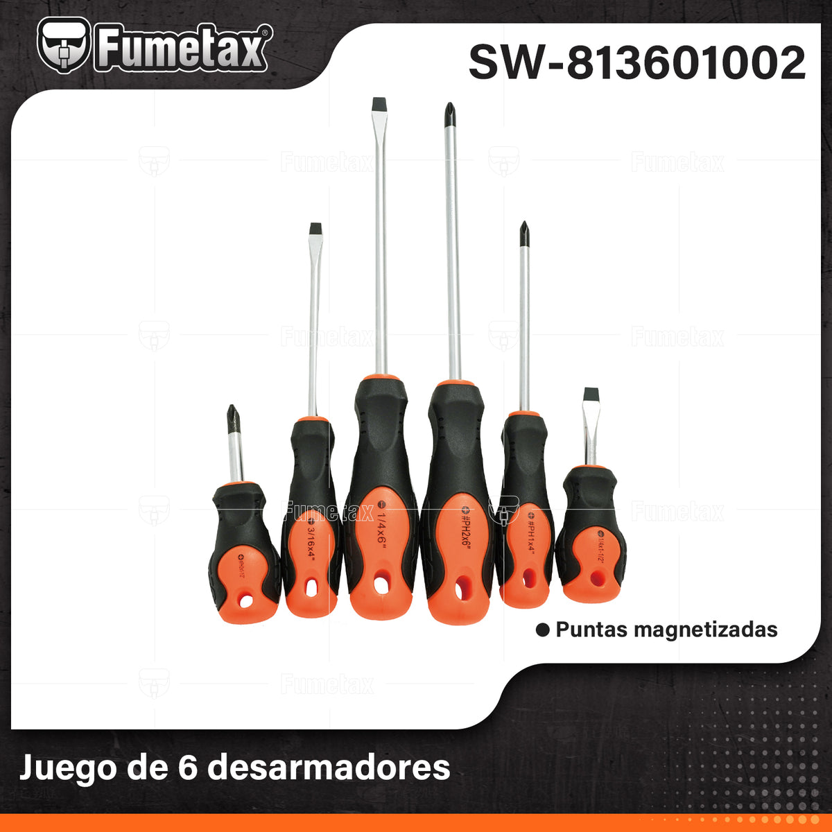 SW-813601002-(Caja master 1 CTN=24 SKU)-(MOQ 1 SKU)-Juego de 6 desarmadores
Puntas magnetizadas