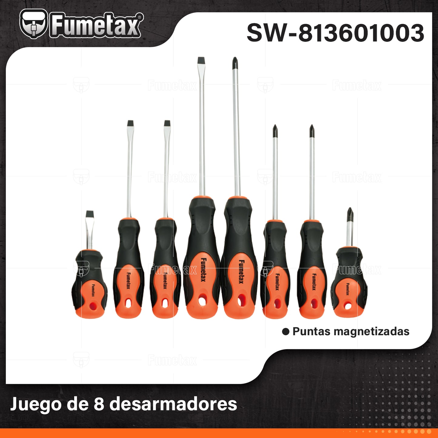 SW-813601003-(Caja master 1 CTN=24 SKU)-(MOQ 1 SKU)-Juego de 8 desarmadores
Puntas magnetizadas