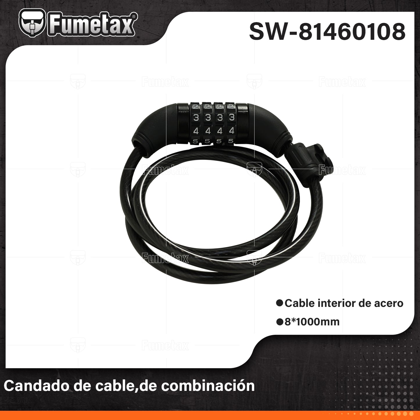 SW-81460108-(Caja master 1 CTN=30 SKU)-(MOQ 1 SKU)-Candado de cable
Cable de acero trenzado cubierto de PVC para mayor resistencia a cortes