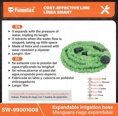 SW-99001008-(Caja master 1 CTN=24 SKU)-(MOQ 1 SKU)-Se extiende con la presión del agua,triplicondo su longitud
se retroe,alcerrar el paso del agua,ocupando poco espacio