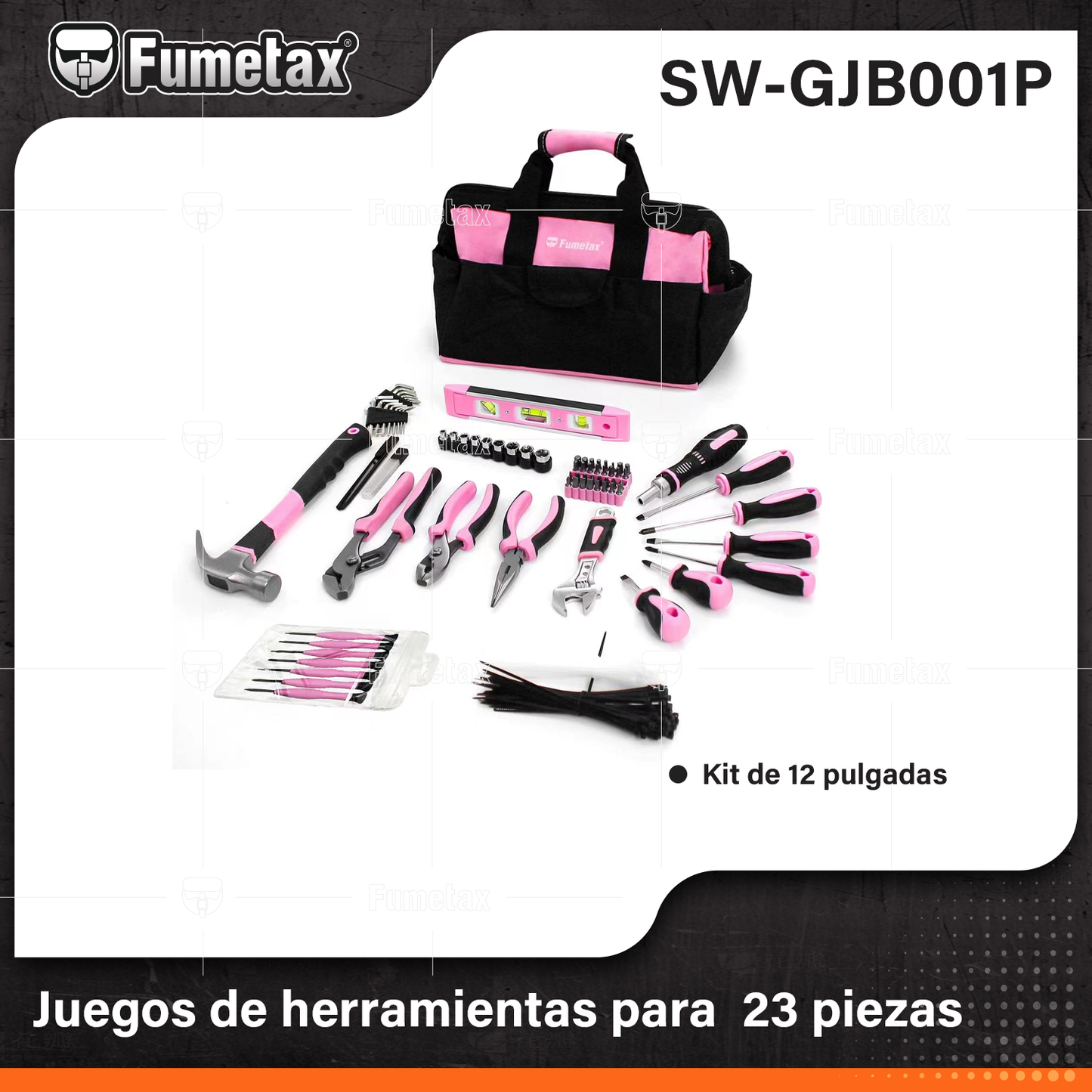 SW-GJB001P-(Caja master 1 CTN=6 SKU)-(MOQ 1 SKU)-Juego de 23 herramientas
Kit de herramientas de reparación para el hogar con bolsa de almacenamiento abierta de boca ancha