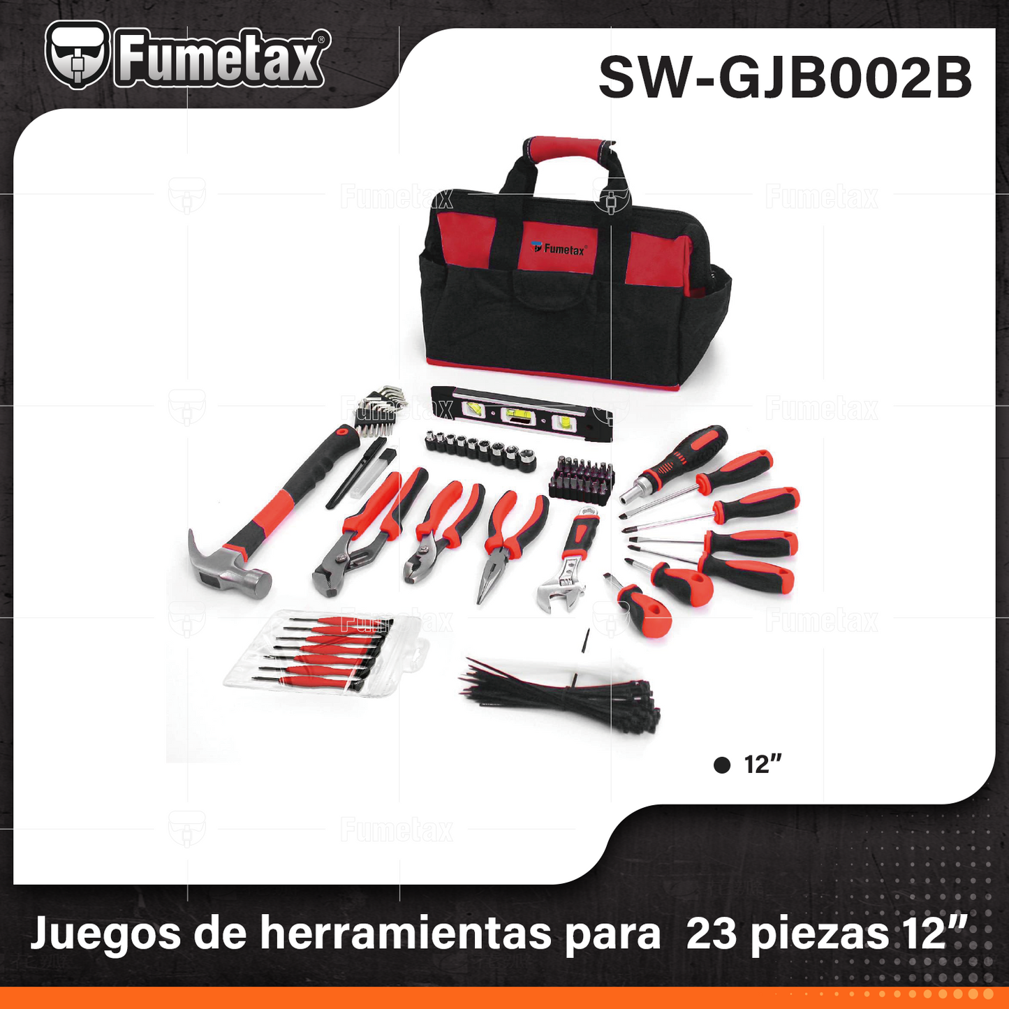 SW-GJB002B-(Caja master 1 CTN=6 SKU)-(MOQ 1 SKU)-Juego de 23 herramientas
Kit de herramientas de reparación para el hogar con bolsa de almacenamiento abierta de boca ancha