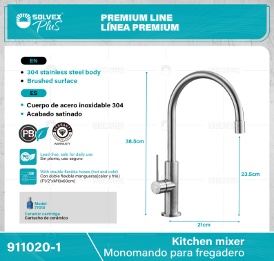 911020-1-(Caja master 1 CTN=5 SKU)-(MOQ 1 SKU)-Monomando para fregadero
Cuerpo,cuello y maneral de acero inoxidable 304