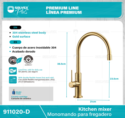 911020-D-(Caja master 1 CTN=5 SKU)-(MOQ 1 SKU)-Monomando para fregadero
Cuerpo,cuello y maneral de acero inoxidable 304