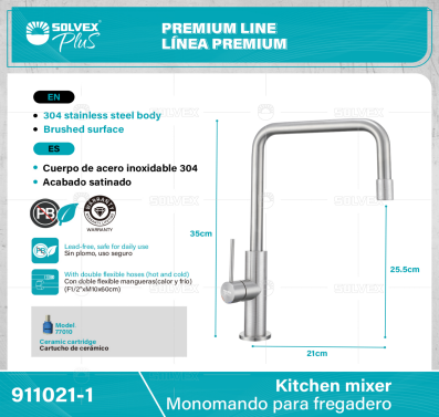 911021-1-(Caja master 1 CTN=5 SKU)-(MOQ 1 SKU)-Monomando para fregadero
Cuerpo,cuello y maneral de acero inoxidable 304