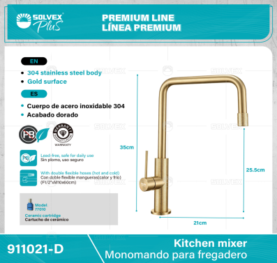 911021-D-(Caja master 1 CTN=5 SKU)-(MOQ 1 SKU)-Monomando para fregadero
Cuerpo,cuello y maneral de acero inoxidable 304