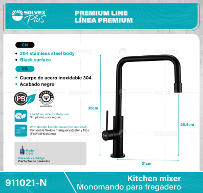 911021-N-(Caja master 1 CTN=5 SKU)-(MOQ 1 SKU)-Monomando para fregadero
Cuerpo,cuello y maneral de acero inoxidable 304