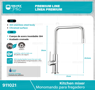 911021-(Caja master 1 CTN=5 SKU)-(MOQ 1 SKU)-Monomando para fregadero
Cuerpo,cuello y maneral de acero inoxidable 304