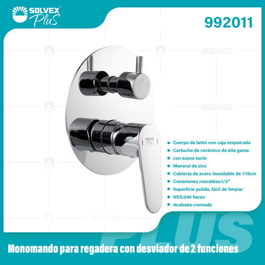 992011-(Caja master 1 CTN=6 SKU)-(MOQ 1 SKU)-Monomando para regadera con desviador de 2 funciones
Cuerpo de latón con caja empotrada
