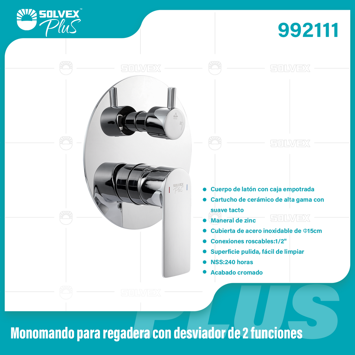 992111-(Caja master 1 CTN=6 SKU)-(MOQ 1 SKU)-Monomando para regadera con desviador de 2 funciones
Cuerpo de latón con caja empotrada
