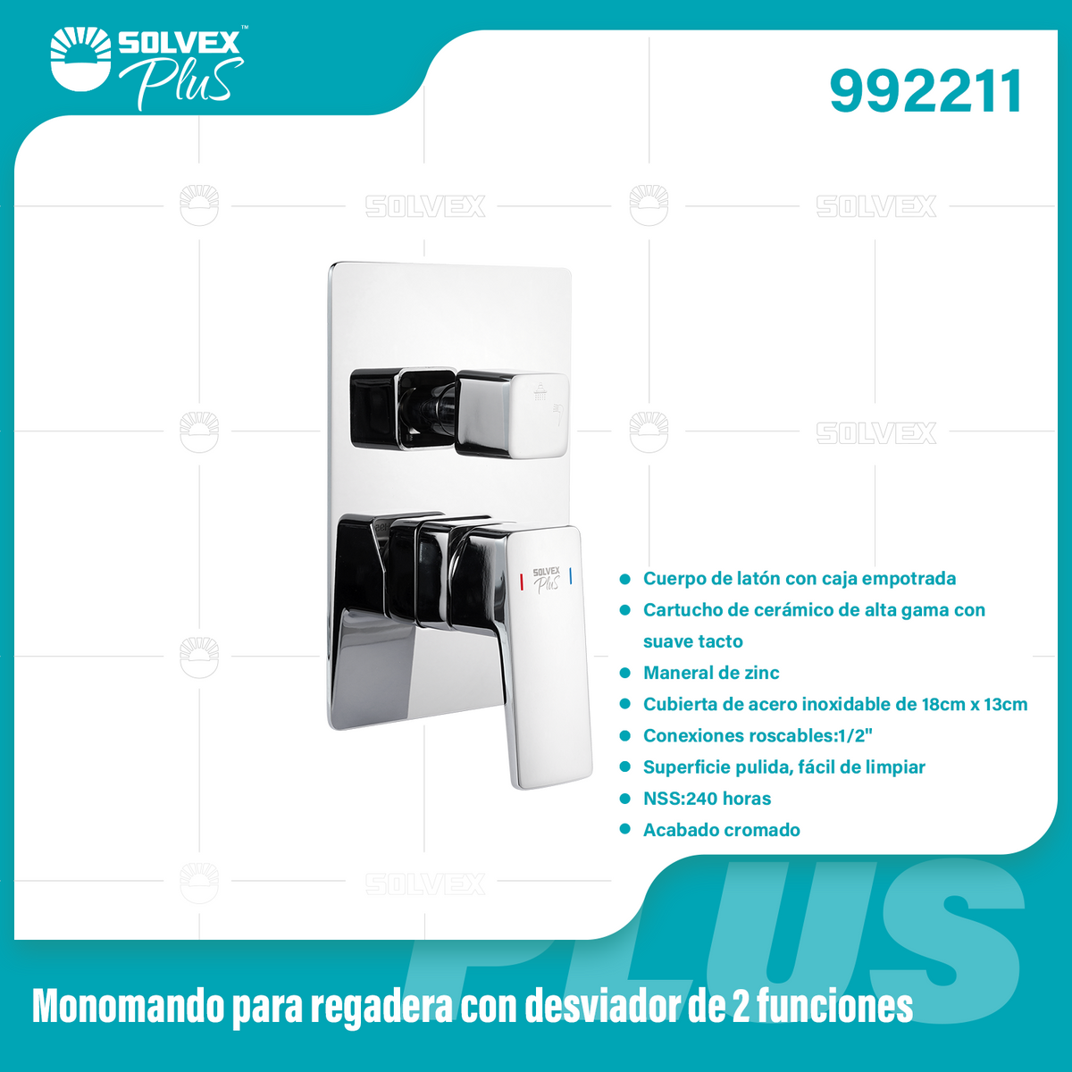 992211-(Caja master 1 CTN=6 SKU)-(MOQ 1 SKU)-Monomando para regadera con desviador de 2 funciones
Cuerpo de latón con caja empotrada