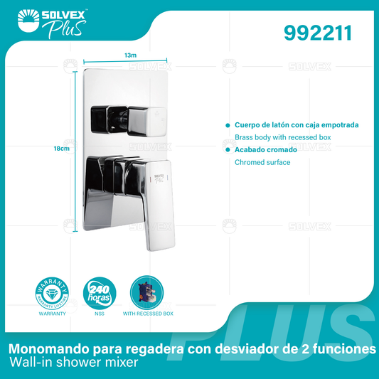992211 (Caja master 6)(MOQ 1 pz=1 caja) Monomando para regadera con desviador de 2 funciones Wall-in shower mixer