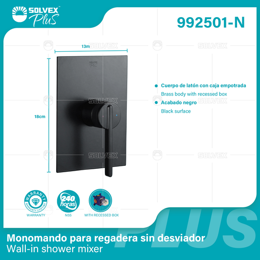 992501-N (Caja master 6)(MOQ 1 pz=1 caja) Monomando para regadera sin desviador Wall-in shower mixer