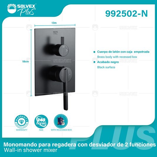 992502-N (Caja master 6)(MOQ 1 pz=1 caja) Monomando para regadera con desviador de 2 funciones Wall-in shower mixer