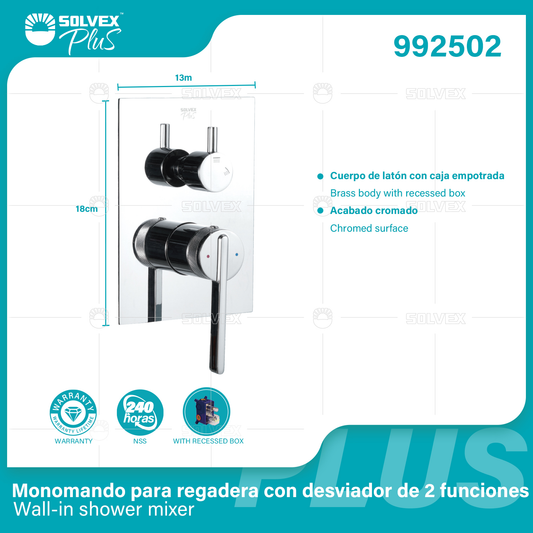 992502 (Caja master 6)(MOQ 1 pz=1 caja) Monomando para regadera con desviador de 2 funciones Wall-in shower mixer