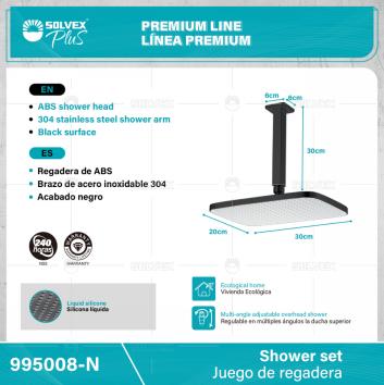 995008-N-(Caja master 1 CTN=6 SKU)-(MOQ 1 SKU)-Juego de regadera
Regadera cuadrada 12" x 8" de ABS