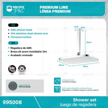 995008-(Caja master 1 CTN=6 SKU)-(MOQ 1 SKU)-Juego de regadera
Regadera cuadrada 12" x 8" de ABS