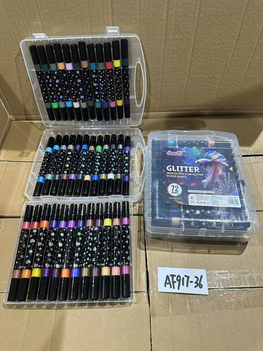 AF917-36 "MARCADOR ACRÍLICO DOBLE PUNTA GLITTER 36PZ/72COLOR" (40pz/caja)