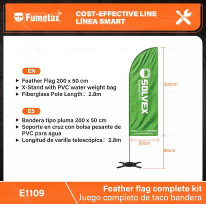E1109-(Caja master 1 CTN=4 SKU)-(MOQ 1 SKU)-Bandera tipo pluma 200 x 50 cm
Soporte en cruz con bolsa pesante de PVC para agua
