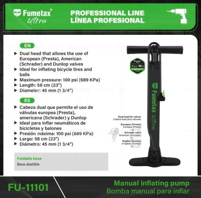 FU-11101-(Caja master 1 CTN=12 SKU)-(MOQ 1 SKU)-Cabeza dual que permite el uso de válvulas europea (Presta), americana (Schrader) y Dunlop
Base abatible