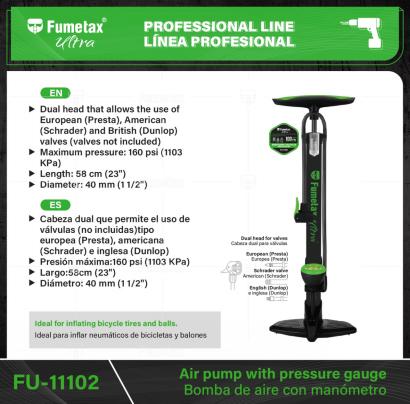 FU-11102-(Caja master 1 CTN=10 SKU)-(MOQ 1 SKU)-Cabeza dual que permite el uso de válvulas (no incluidas)tipo europea (Presta), americana (Schrader) e inglesa (Dunlop)
Ideal para inflar neumáticos de bicicletas y balones