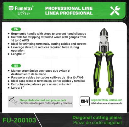 FU-200103-(Caja master 1 CTN=48 SKU)-(MOQ 1 SKU)-Fabricada en acero al cromo vanadio, 2X más resistente al desgaste que las de acero al carbono
Mango ergonómico con topes que evitan el deslizamiento de la mano