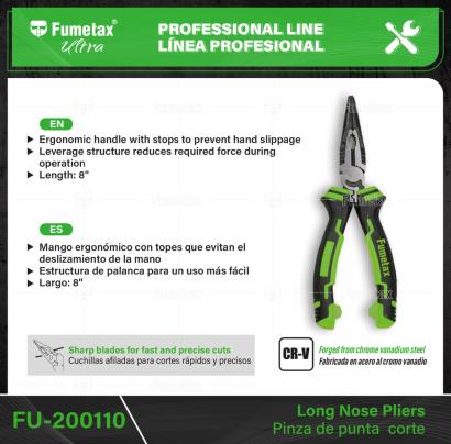 FU-200110-(Caja master 1 CTN=48 SKU)-(MOQ 1 SKU)-Fabricada en acero al cromo vanadio, 2X más resistente al desgaste que las de acero al carbono
Mango ergonómico con topes que evitan el deslizamiento de la mano