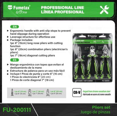 FU-200111-(Caja master 1 CTN=24 SKU)-(MOQ 1 SKU)-Fabricada en acero al cromo vanadio, 2X más resistente al desgaste que las de acero al carbono
Mango ergonómico con topes que evitan el deslizamiento de la mano