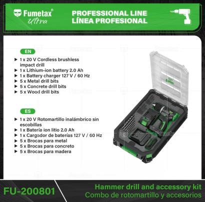 FU-200801-(Caja master 1 CTN=4 SKU)-(MOQ 1 SKU)-1 Rotomartillo Inalámbrico Sin Escobillas
1 Batería ion litio 2.0 AH