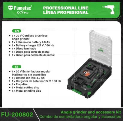 FU-200802-(Caja master 1 CTN=4 SKU)-(MOQ 1 SKU)-1 Esmeriladora Angular Inalámbrico Sin Escobillas
1 Batería ion litio 4.0 AH