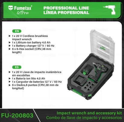 FU-200803-(Caja master 1 CTN=4 SKU)-(MOQ 1 SKU)-1 x 20 V Llave de impacto inalámbrica sin escobillas
1 x Batería ion litio 4.0 Ah