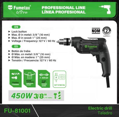 FU-81001-(Caja master 1 CTN=10 SKU)-(MOQ 1 SKU)-Motor de 450 W, montado sobre balero de bolas para mayor vida útil y mejor desempeño
Botón de traba para trabajos continuos