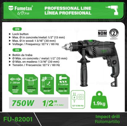 FU-82001-(Caja master 1 CTN=10 SKU)-(MOQ 1 SKU)-Motor de 750 W, montado sobre balero de bolas para mayor vida útil y mejor desempeño
Botón de traba para trabajos continuos