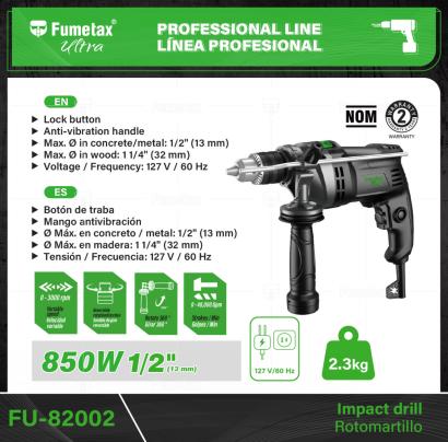 FU-82002-(Caja master 1 CTN=8 SKU)-(MOQ 1 SKU)-Motor de 850 W, montado sobre balero de bolas para mayor vida útil y mejor desempeño
Botón de traba para trabajos continuos