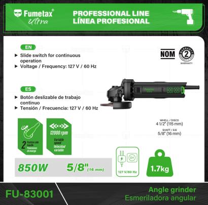 FU-83001-(Caja master 1 CTN=10 SKU)-(MOQ 1 SKU)-Motor de 850 W, montado sobre balero de bolas para mayor vida útil y mejor desempeño
Botón deslizable de trabajo continuo