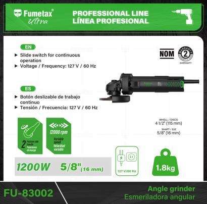 FU-83002-(Caja master 1 CTN=10 SKU)-(MOQ 1 SKU)-Motor de 1200 W, montado sobre balero de bolas para mayor vida útil y mejor desempeño
Botón deslizable de trabajo continuo